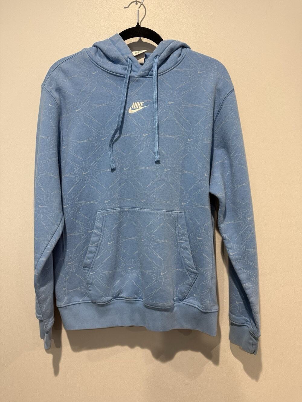 Men's Nike Light Blue Pullover Hoodie Pocket All Over Swoosh Print Logo Small
